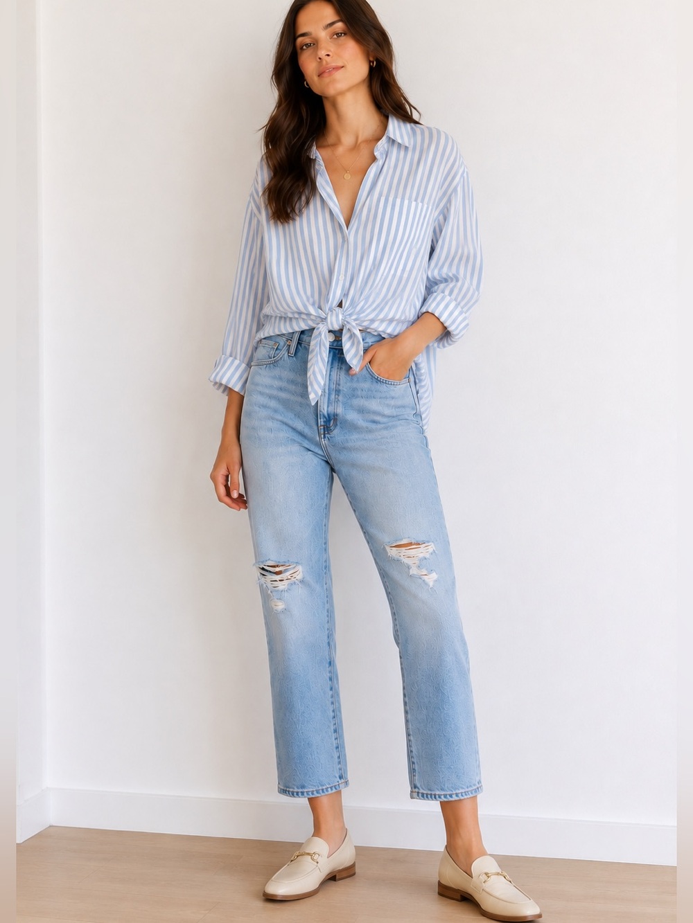 Madewell The Momjean Size 27 Distressed High Rise Straight Leg Jeans Light Wash